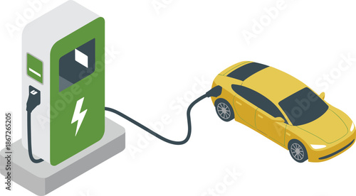 Electric car charging illustration, EV vehicle plugged into charger, sustainable transportation concept, clean energy mobility, flat vector design