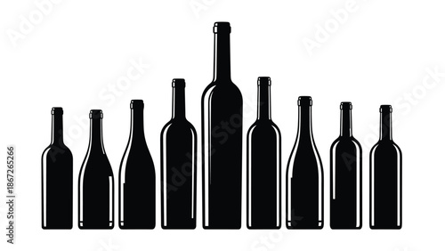 Black silhouette of various wine and liquor bottles in a row, glass bottle collection of different shapes and sizes isolated on a white background.