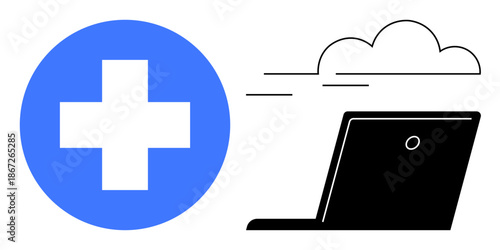 Telemedicine, cloud computing, healthcare technology, online consultation, remote diagnosis, digital tools. Blue medical cross and laptop with cloud. Telemedicine and healthcare technology concept