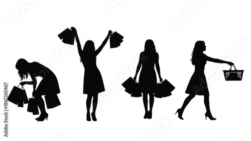 Black silhouette of women shopping with bags and baskets, set of fema