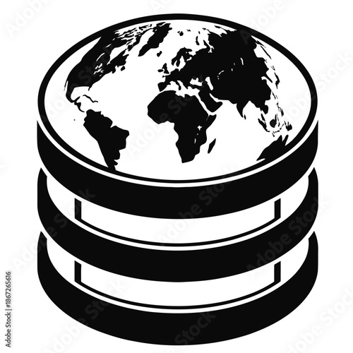 A black and white illustration of a globe on a disk