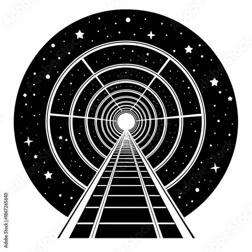 A black and white illustration of a railroad track leading to a starry night sky