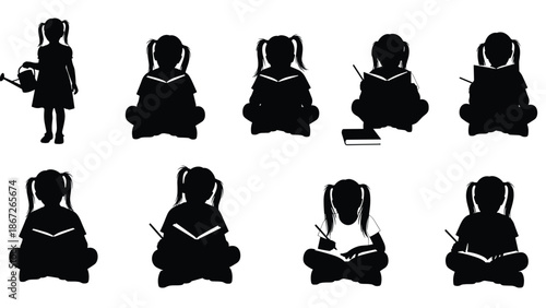 Black silhouette set of a young girl with pigtails reading books and writing while sitting, child holding a watering can isolated on white background.