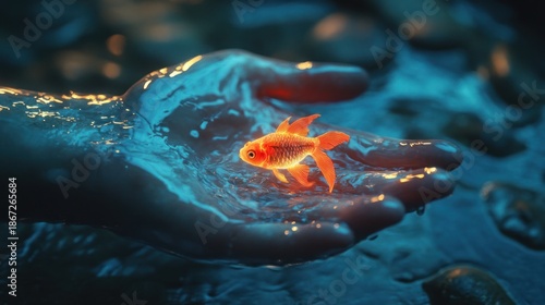 A small golden fish rests gently in a luminous hand, bathed in soft, warm light