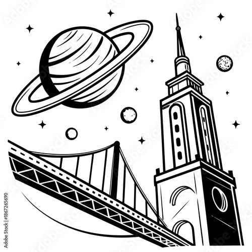 A black and white illustration of a bridge and tower under a planet