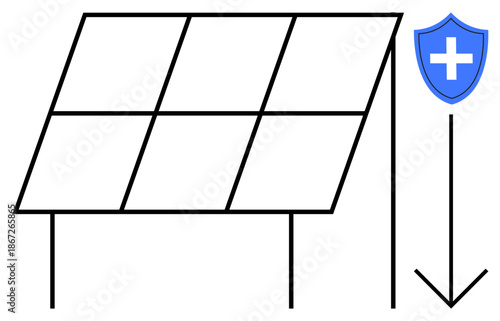 Energy efficiency, renewable energy, sustainability, environmental safety, solar power, protection. A solar panel with a shield and downward arrow. Energy efficiency and renewable energy concept