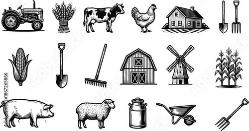 Farm life and agriculture icon collection with crops, livestock, tools, buildings, rural equipment, vector illustration