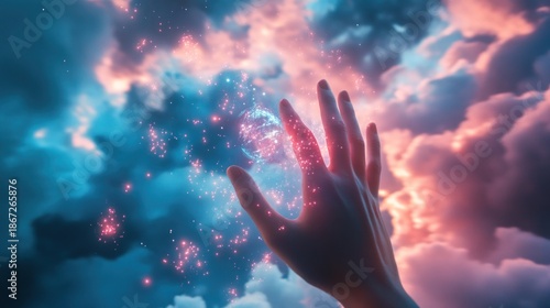 A hand reaching into a vibrant, ethereal sky filled with swirling clouds and luminous particles