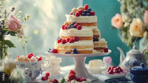 Layered cake with berries and cream, displayed on a stand, with floral decorations and teacups