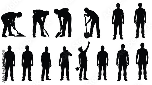 Black silhouette set of manual workers using shovels and digging, group of men in various labor poses and standing isolated on a white background.