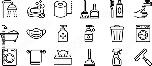Hygiene and cleaning icon collection for bathroom essentials, sanitation tools, personal care items, health protection, vector illustration