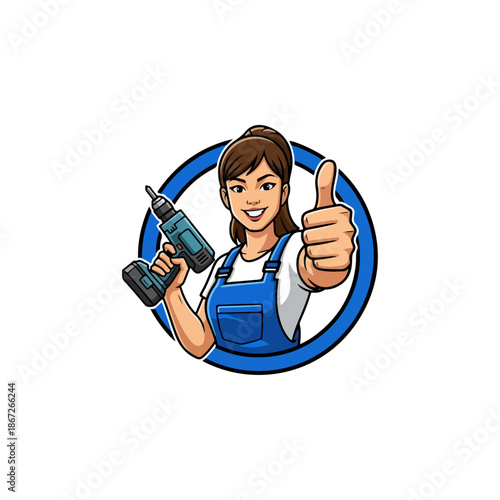 Woman Carpenter Holding Drill Giving Thumbs Up.
