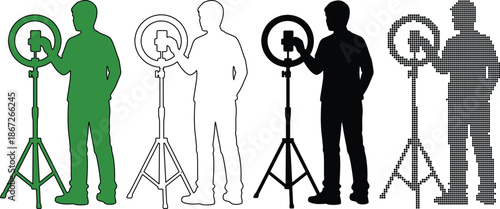 Set of four silhouettes of a person holding a smartphone in a ring light a tripod, different styles solid green, outline, solid black, and patterned black
