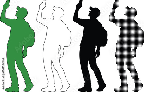 Hiker with backpack looking at smartphone, four different silhouette styles