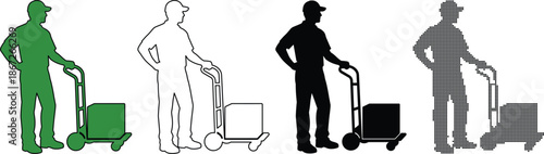 Set of four icons depicting a delivery worker or mover with a hand truck and a box, in different styles solid green, outline, solid black, halftone