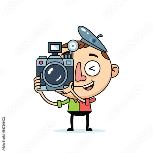 Happy Cartoon Photographer Character Holding Camera, Taking Photo