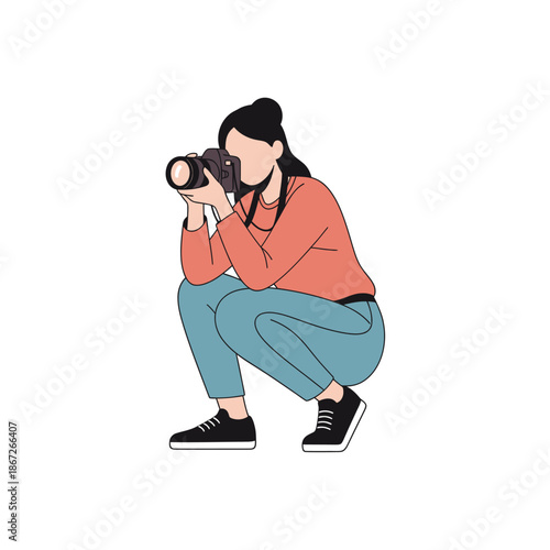 Woman photographer crouching with camera, capturing moment, creative hobby, professional photography, illustration