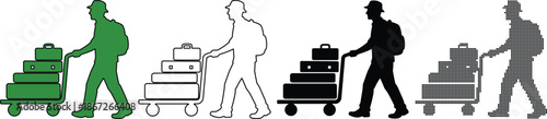 Traveler with luggage cart icon set, silhouette and outline variations for airport or hotel baggage handling