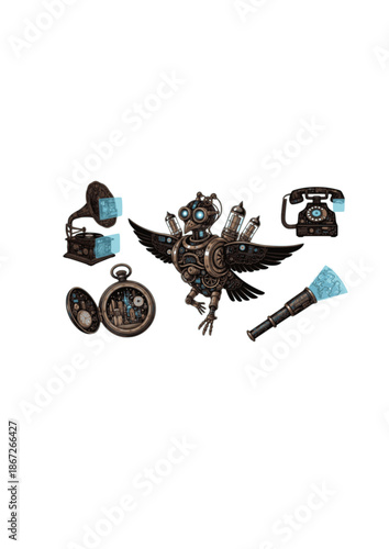 Romantic Tech Silhouette for Steampunk AI Assistant and Analog Future Design 2026 Tech Trend Vintage Aesthetic with AI Internal Concept Vector