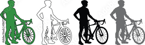 Cyclist with road bike silhouette and line art variations