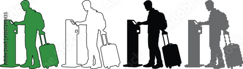 Traveler using self checkin kiosk with luggage at airport or station, multiple styles included