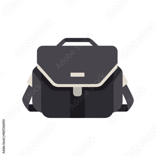 Modern black briefcase bag with shoulder strap, flat design, isolated on white.