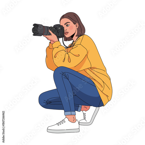 Young woman photographer crouching and taking picture with DSLR camera, illustration
