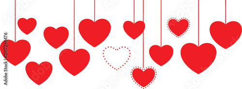 A collection of vibrant red hearts suspended from above with a delicate outlined heart below on transparent background high-quality professional