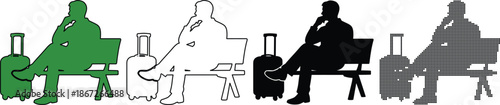 Set of icons representing a person waiting with luggage, various styles including solid, outline, and patterned