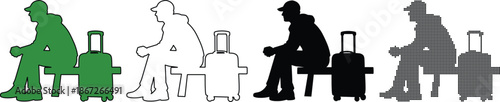 Set of four traveler waiting icons solid green, outline, solid black, and halftone pattern