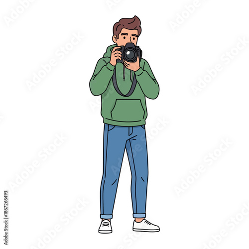 Man with camera taking photos, photographer with DSLR, hobbyist, casual style.