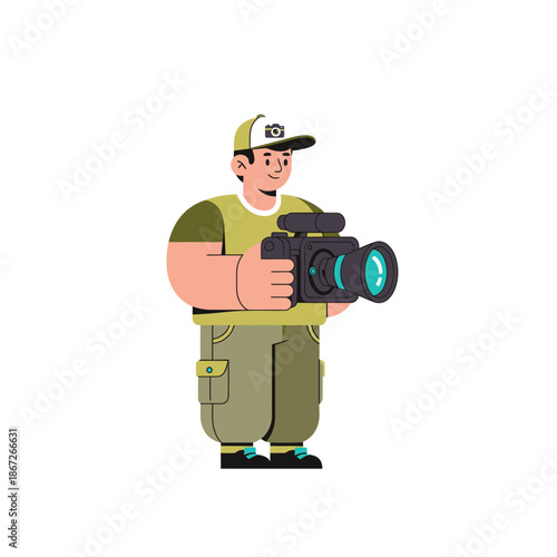 Happy Cartoon Photographer Man Holding Professional Camera, Ready to Shoot