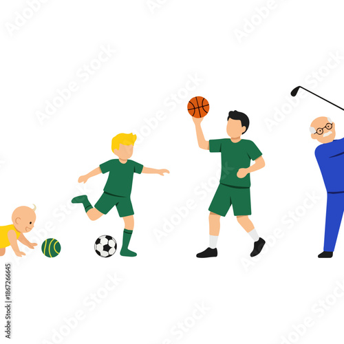 Generational progression of men playing sports from infancy to old age.