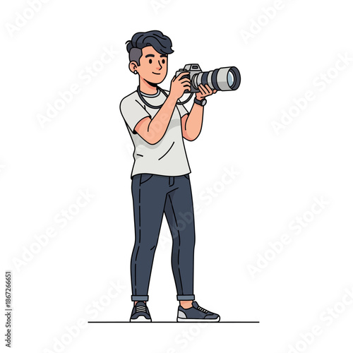 Young male photographer holding professional camera, capturing a moment, isolated on white background, illustration