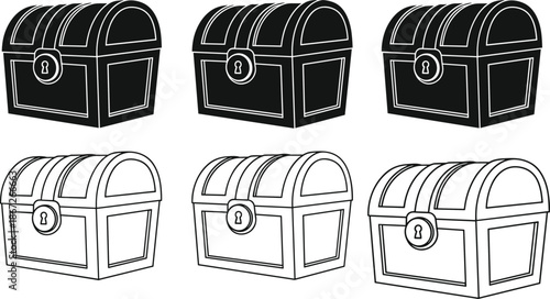 Set of treasure chest icons featuring black silhouette and white outline vector illustrations of vintage wooden trunks isolated on a plain white background.
