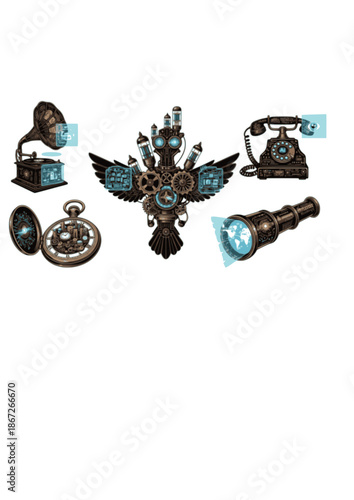 Romantic Tech Silhouette for Steampunk AI Assistant and Analog Future Design 2026 Tech Trend Vintage Aesthetic with AI Internal Concept Vector