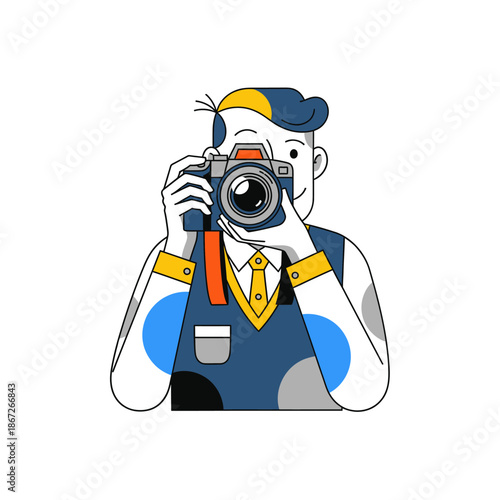 Illustrative Photographer Character Holding DSLR Camera, Capturing Image