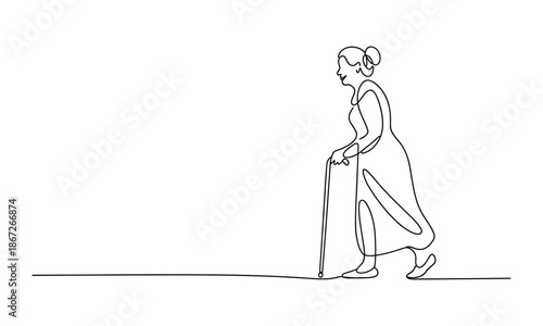 Elderly woman walking with cane isolated figure