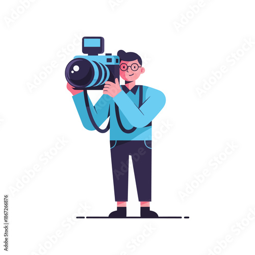 Cartoon photographer holding DSLR camera with flash, capturing moment, isolated illustration