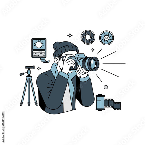 Photographer Capturing Image with Camera, Tripod, Light Meter, Aperture Blades & Film