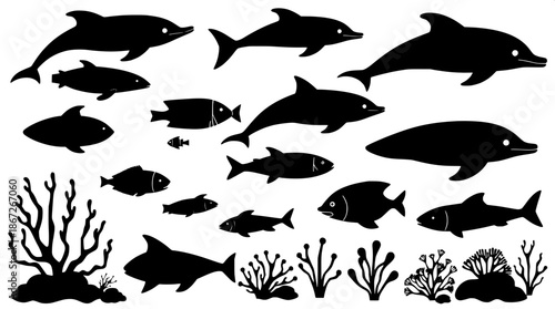 Sea animal silhouettes including dolphins and fish with coral and seaweed elements in a stylized flat black vector graphic style, featuring isolated icons on a transparent background with bold lines a
