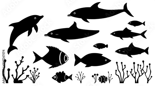 Sea animal silhouettes including dolphins and fish with coral and seaweed elements in a stylized flat black vector graphic style, featuring isolated icons on a transparent background with bold lines a