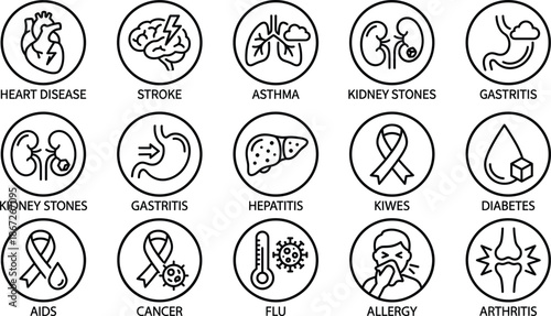 Medical condition icon collection with heart disease, stroke, diabetes, arthritis, flu, cancer, kidney, liver, vector illustration
