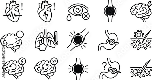 Medical symptom and condition icon collection with heart, brain, joint, skin, digestive, respiratory issues, vector illustration