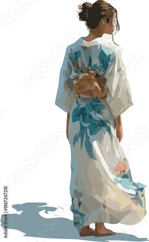 Isolated a realistic Backlit photo of a young woman in white beach kimono standing vector art with white background.