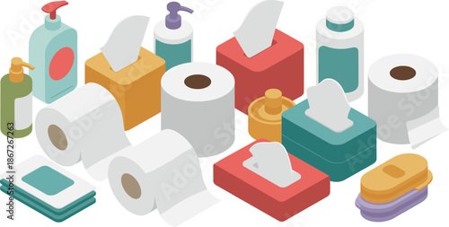 Hygiene and cleaning supplies illustration, tissues soap toilet paper wipes, bathroom essentials, household sanitation vector collection design