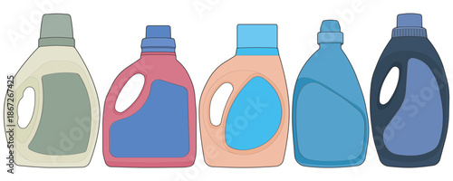 Colorful detergent bottle set isolated household cleaning containers
