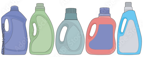 Colorful detergent bottle set isolated household cleaning containers