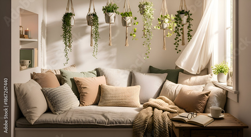 Cozy living room with comfortable couch and hanging plants in modern home interior