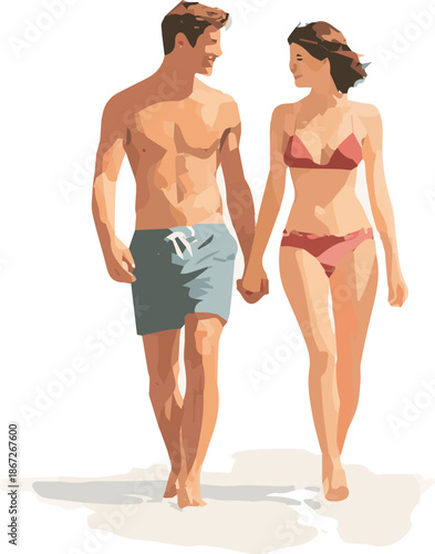 Isolated a realistic Create a realistic Couple in swimwear walking barefoot happily together in the sun vector art with white background. vector art with white background.